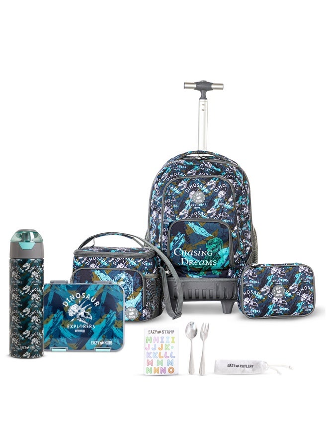 Eazy Kids Eazy Kids 18" Set of 5 Trolley Backpack w/ Water Bottle, Lunch Box, Lunch Bag and Pencil Case-T Rex - Image 1