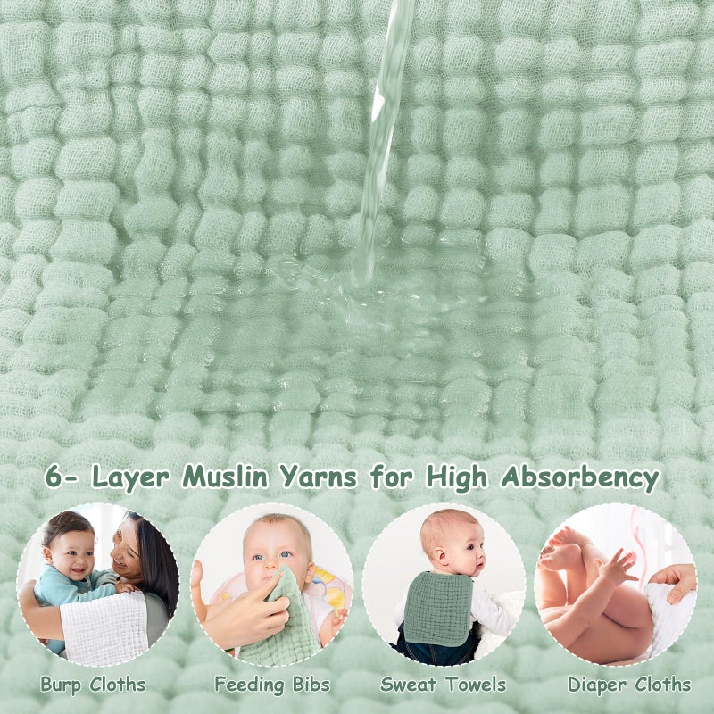 Looxii Muslin Burp Cloths 100% Cotton Muslin Cloths Large 20''x10'' Extra Soft and Absorbent 6 Pack Baby Burping Cloth for Boys and Girls White+Green - Image 4