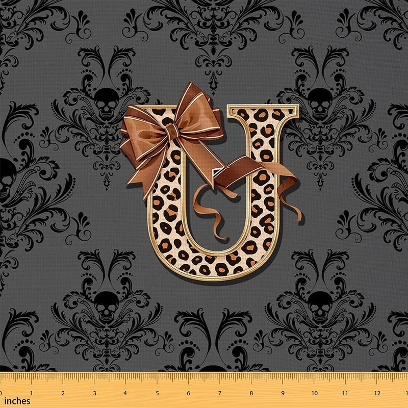 Brown Leopard Print Letter U Damask Upholstery Fabric for Chairs Sugar Skull Gothic Outdoor Fabric by The Yard 109"x63", Alphabet Vintage Floral Monogrammed Goth Waterproof Fabric - Image 1