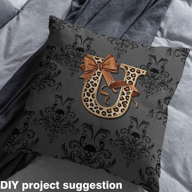 Brown Leopard Print Letter U Damask Upholstery Fabric for Chairs Sugar Skull Gothic Outdoor Fabric by The Yard 109"x63", Alphabet Vintage Floral Monogrammed Goth Waterproof Fabric - Image 3