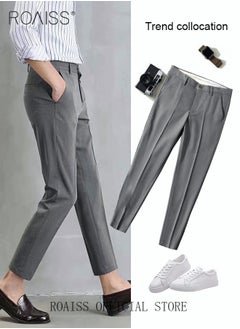 roaiss Men's Suit Pants Straight-Leg Slacks Cropped Pants with Elastic Waist and Good Hang Down Feeling  - Image 5