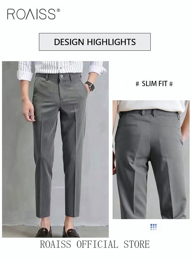 roaiss - Men's Suit Pants Straight-Leg Slacks Cropped Pants with Elastic Waist and Good Hang Down Feeling - Image 1