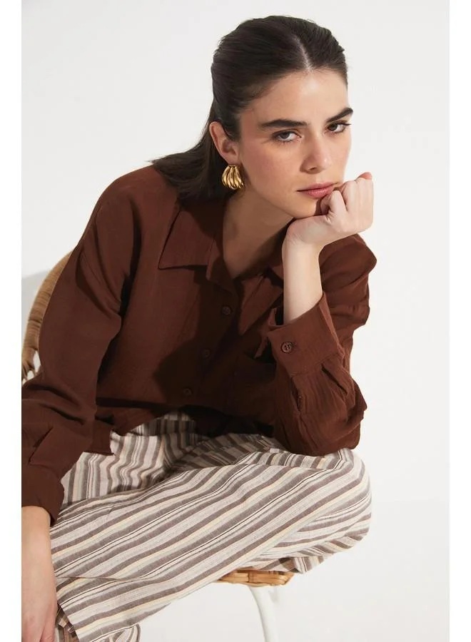 JUNE June Women Cotton Pocket Detailed Shirt Brown