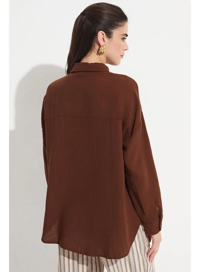 JUNE June Women Cotton Pocket Detailed Shirt Brown