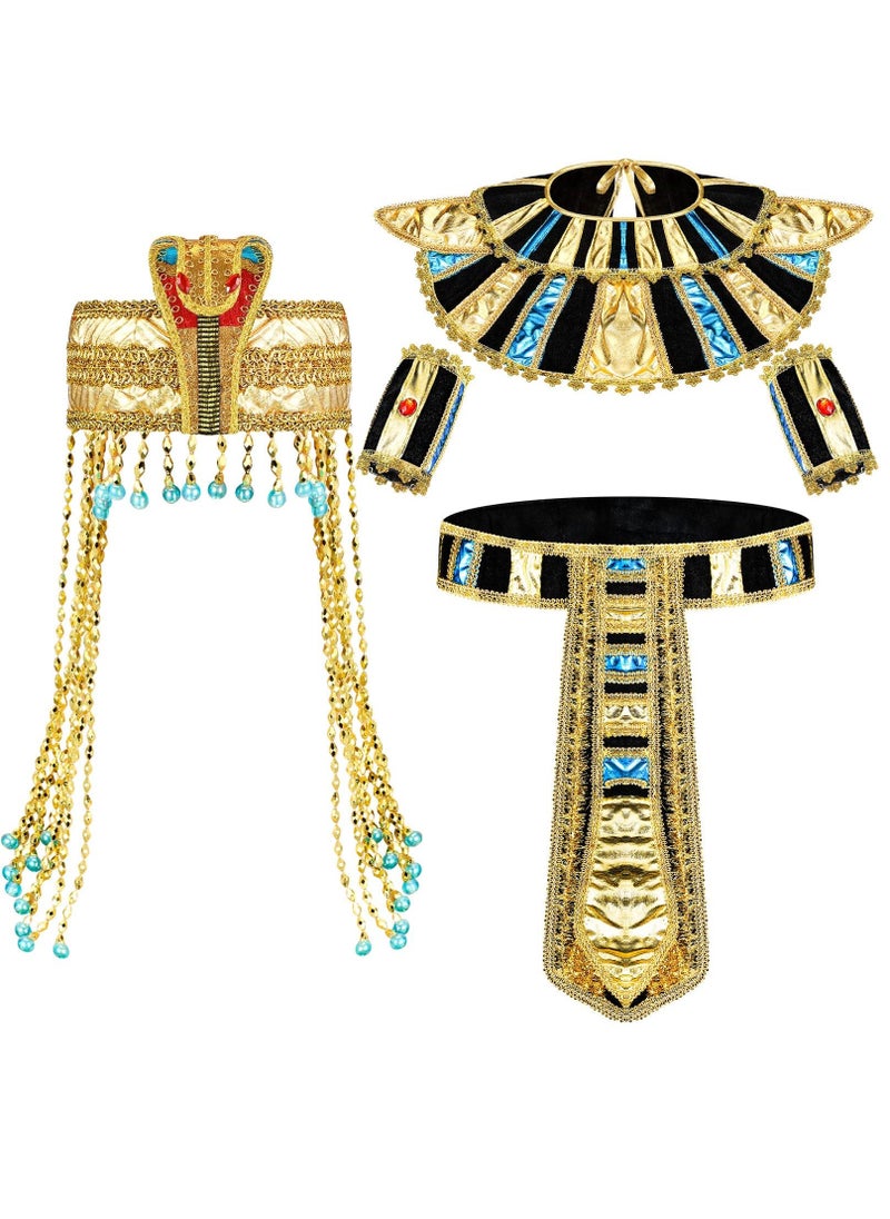 إكسسوارات زي الرأس المصري، 5 قطع زي ملكة مصرية مع إكسسوار رأس معدني ثعبان مزخرف + حزام + طوق أساور، للنساء والفتيات في حفلات التنكر وحفلات الكوسبلاي (مقاس واحد) - Image 1