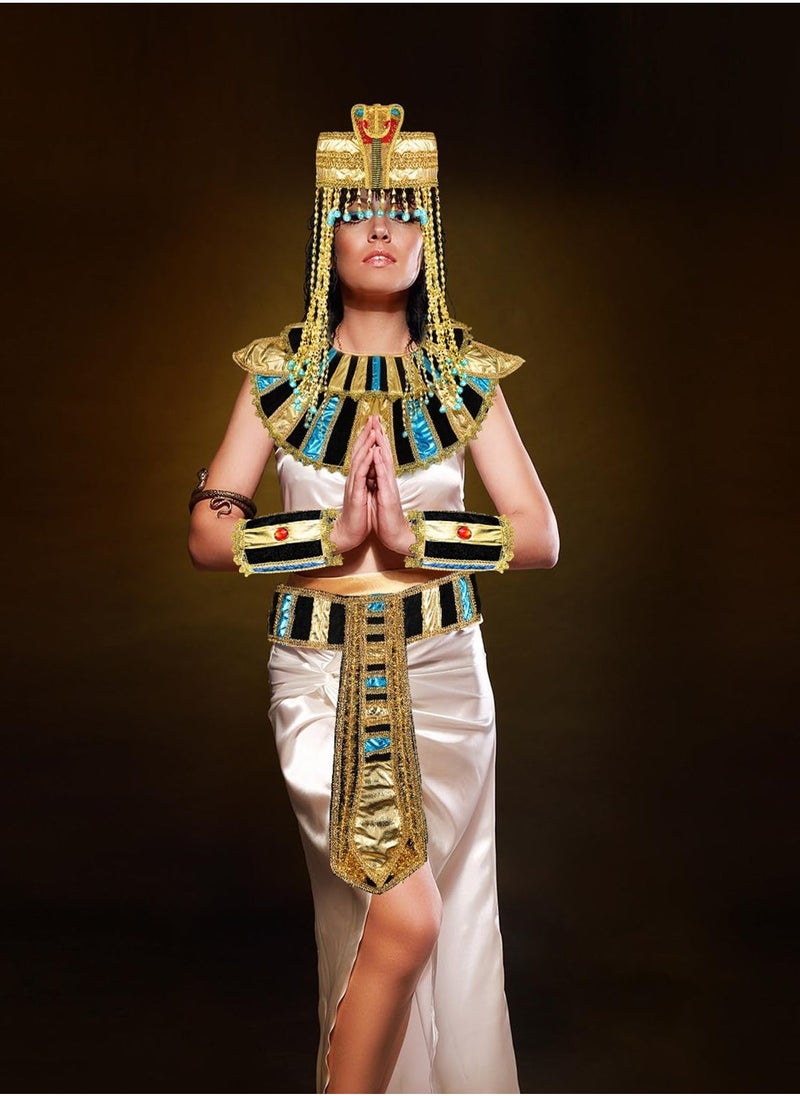 إكسسوارات زي الرأس المصري، 5 قطع زي ملكة مصرية مع إكسسوار رأس معدني ثعبان مزخرف + حزام + طوق أساور، للنساء والفتيات في حفلات التنكر وحفلات الكوسبلاي (مقاس واحد) - Image 2