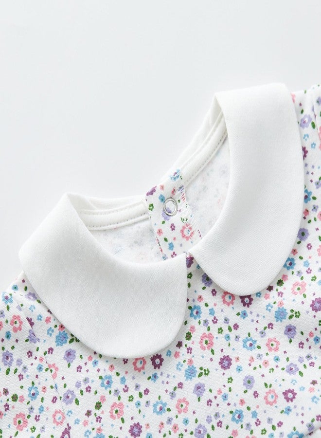 PureBorn فستان بنات بيوربورن بأكمام طويلة من القطن مع بنطلون قصير، فستان للعب مع رباط رأس، مطبوعات زهور شاملة 0-3 أشهر - Image 3