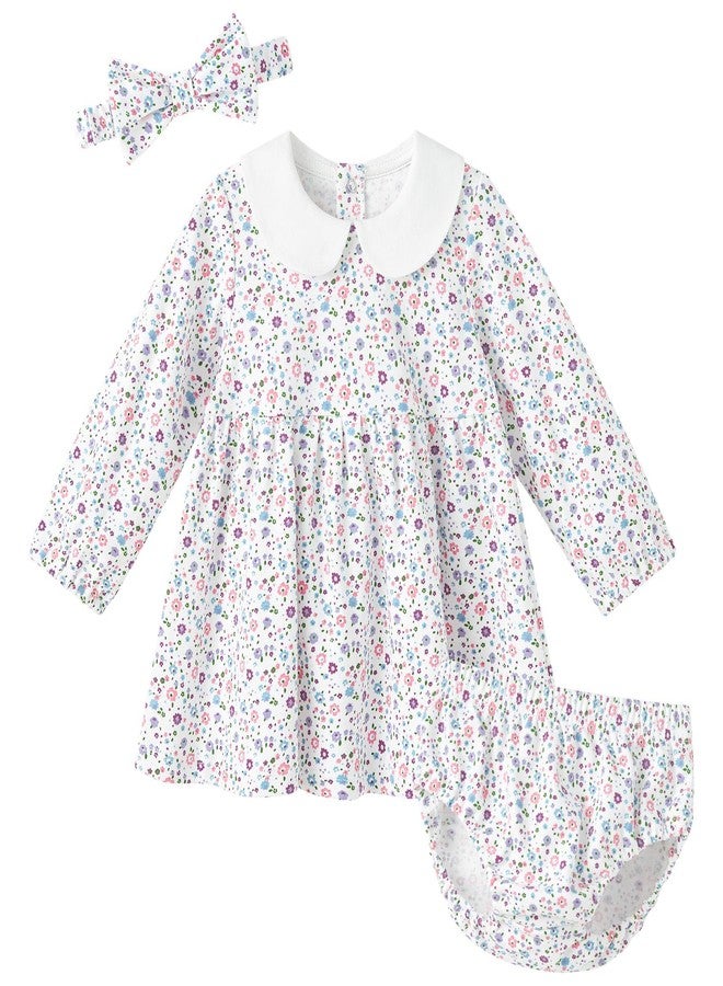 PureBorn فستان بنات بيوربورن بأكمام طويلة من القطن مع بنطلون قصير، فستان للعب مع رباط رأس، مطبوعات زهور شاملة 0-3 أشهر - Image 1
