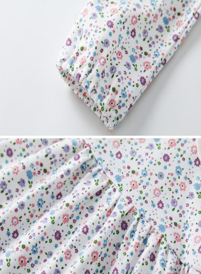 PureBorn فستان بنات بيوربورن بأكمام طويلة من القطن مع بنطلون قصير، فستان للعب مع رباط رأس، مطبوعات زهور شاملة 0-3 أشهر - Image 5