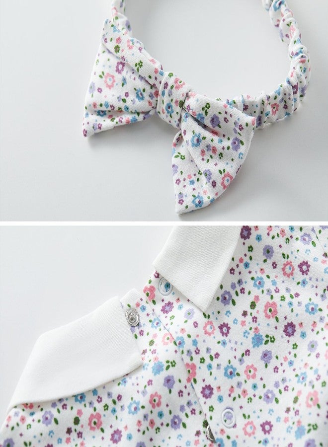 PureBorn فستان بنات بيوربورن بأكمام طويلة من القطن مع بنطلون قصير، فستان للعب مع رباط رأس، مطبوعات زهور شاملة 0-3 أشهر - Image 4