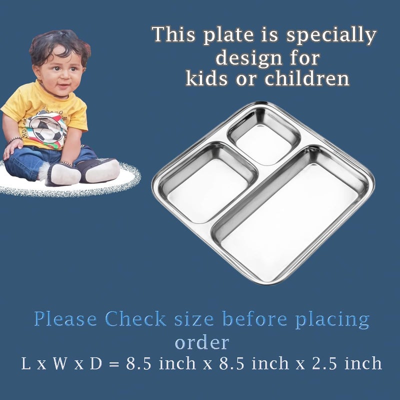 MESHIV مجموعة MESHIV من 1 صحن عشاء من الفولاذ المقاوم للصدأ مع قسم للأطفال، أطباق مقسمة/مجزأة، صحن غداء عشاء إفطار (صحن عشاء صغير 3 في 1 - مجموعة من 1 - مربع) - Image 2