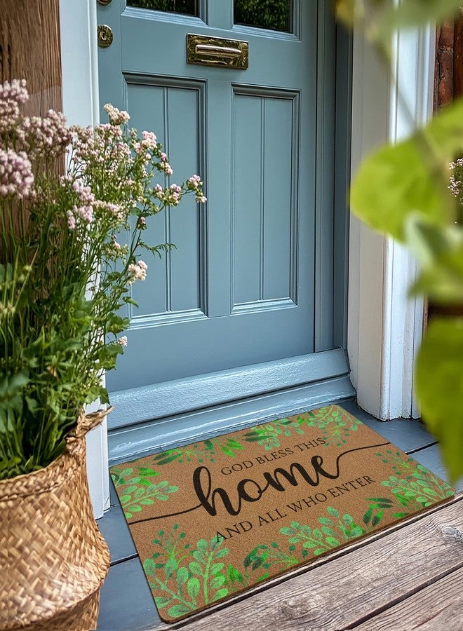 XLDLIOO God Bless This Home And All Who Enter Door Mat, Christian Eucalyptus Welcome Front Door Mat Indoor Outdoor Entrance, Rustic Botanical Artificial Coir Doormat Rugs for Patio Entry Decor 30x17in - Image 2