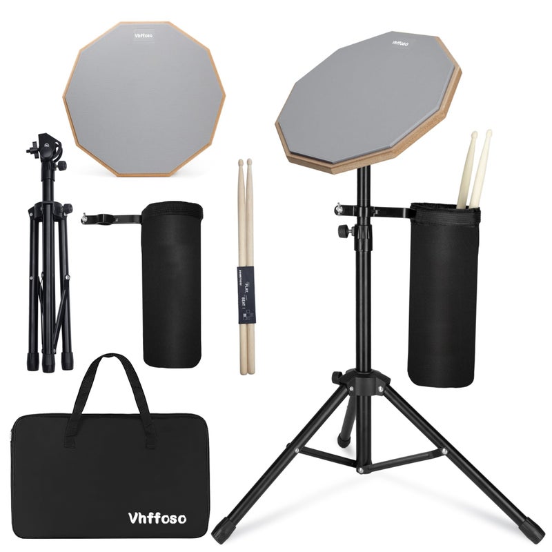 Vhffoso 12 Inch Practice Drum Pad with Stand, Sticks and Drum Stick Bucket, Beginner Snare Drum Pad with Drumsticks(one pair) and Carrying Bag, Double Sided Silent Drum Pad (Gray) - Image 1