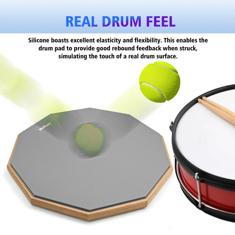 Vhffoso 12 Inch Practice Drum Pad with Stand, Sticks and Drum Stick Bucket, Beginner Snare Drum Pad with Drumsticks(one pair) and Carrying Bag, Double Sided Silent Drum Pad (Gray) - Image 4