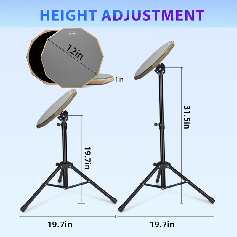 Vhffoso 12 Inch Practice Drum Pad with Stand, Sticks and Drum Stick Bucket, Beginner Snare Drum Pad with Drumsticks(one pair) and Carrying Bag, Double Sided Silent Drum Pad (Gray) - Image 2
