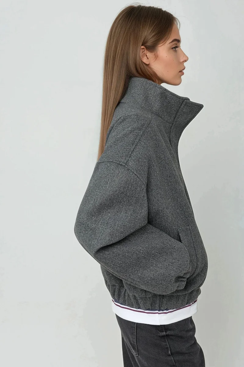 Hiccup Dark Grey Oversized Turtleneck Textured Jacket for Women | Best Price UAE