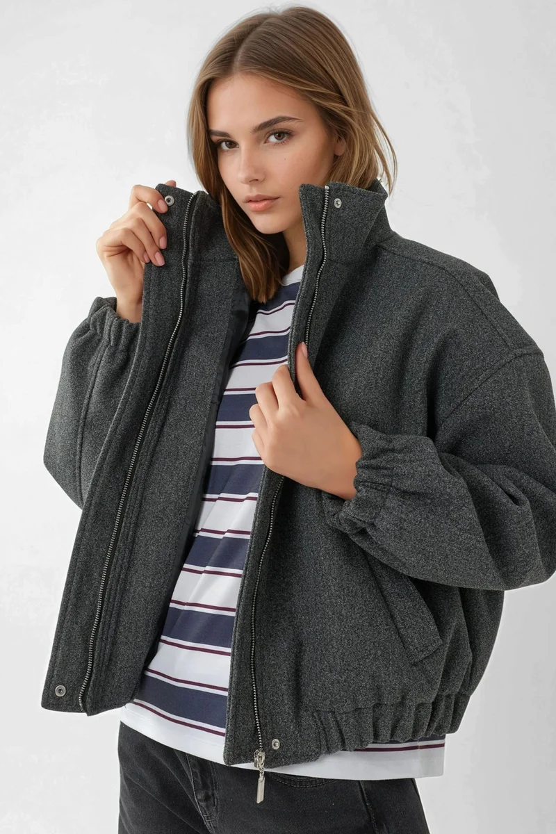 Hiccup Dark Grey Oversized Turtleneck Textured Jacket for Women | Best Price UAE