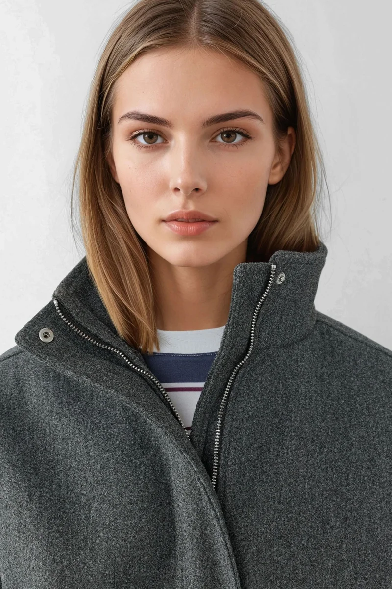 Hiccup Dark Grey Oversized Turtleneck Textured Jacket for Women | Best Price UAE