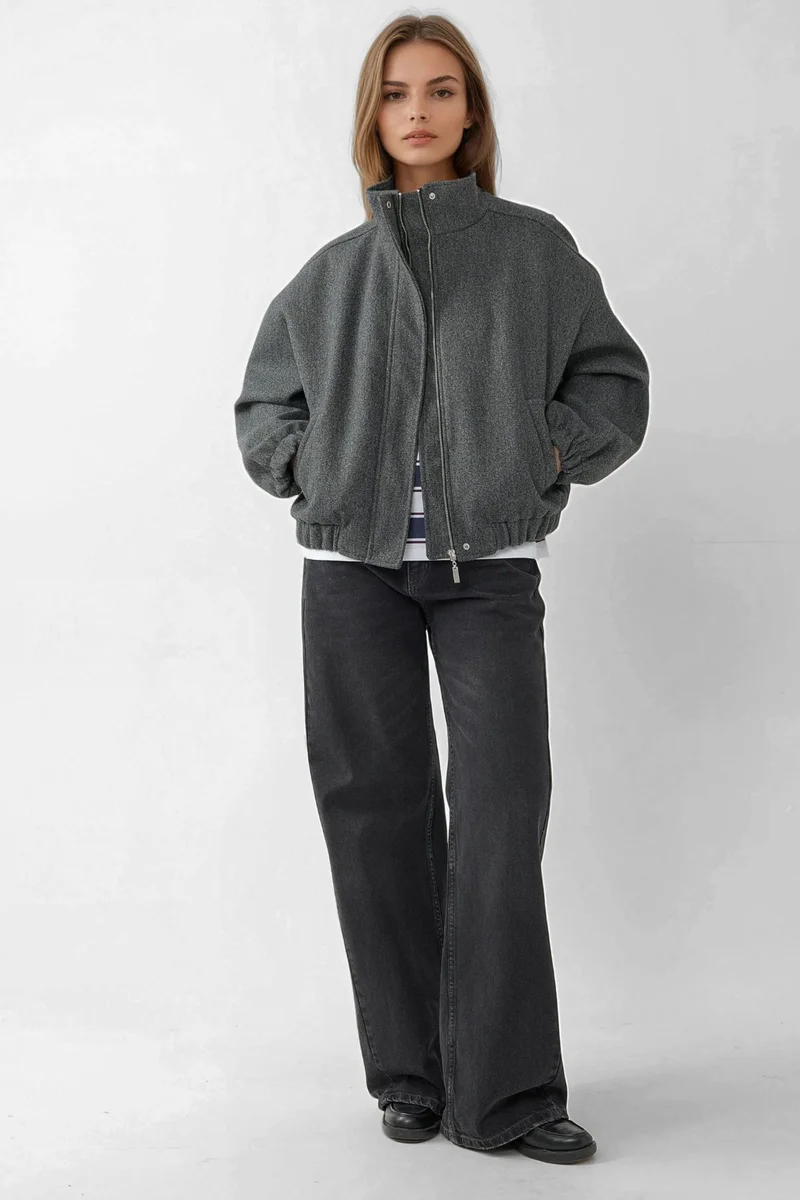 Hiccup Dark Grey Oversized Turtleneck Textured Jacket for Women | Best Price UAE