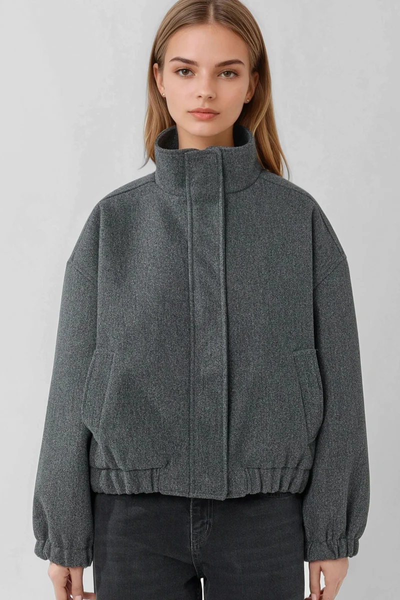 Hiccup Dark Grey Oversized Turtleneck Textured Jacket for Women | Best Price UAE