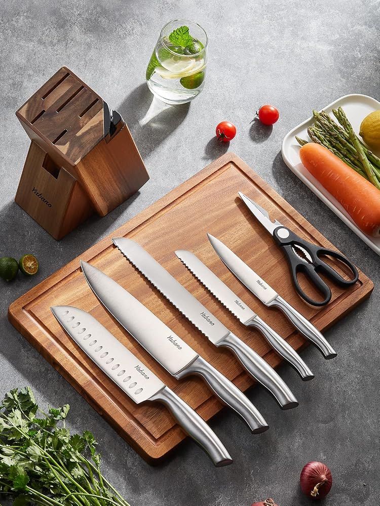 Yabano Knife Block Set, 7 Piece Kitchen Knife Set Stainless Steel with Integrated Sharpener, Professional Kitchen Knife Set with Scissors Block, Sharp Knives for Home - Image 5
