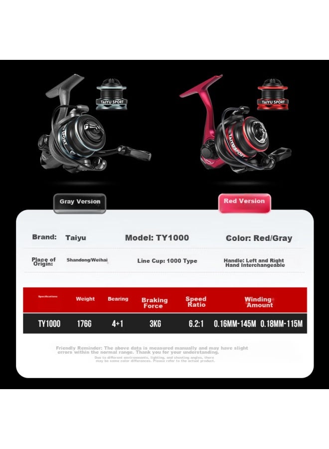 Taiyu Metal Micro Spinning Reel, High-speed Ratio 6.2:1, Diagonal Spout, Shallow Line Cup 1000#, Load Relief Alarm Fishing Reel - Image 3