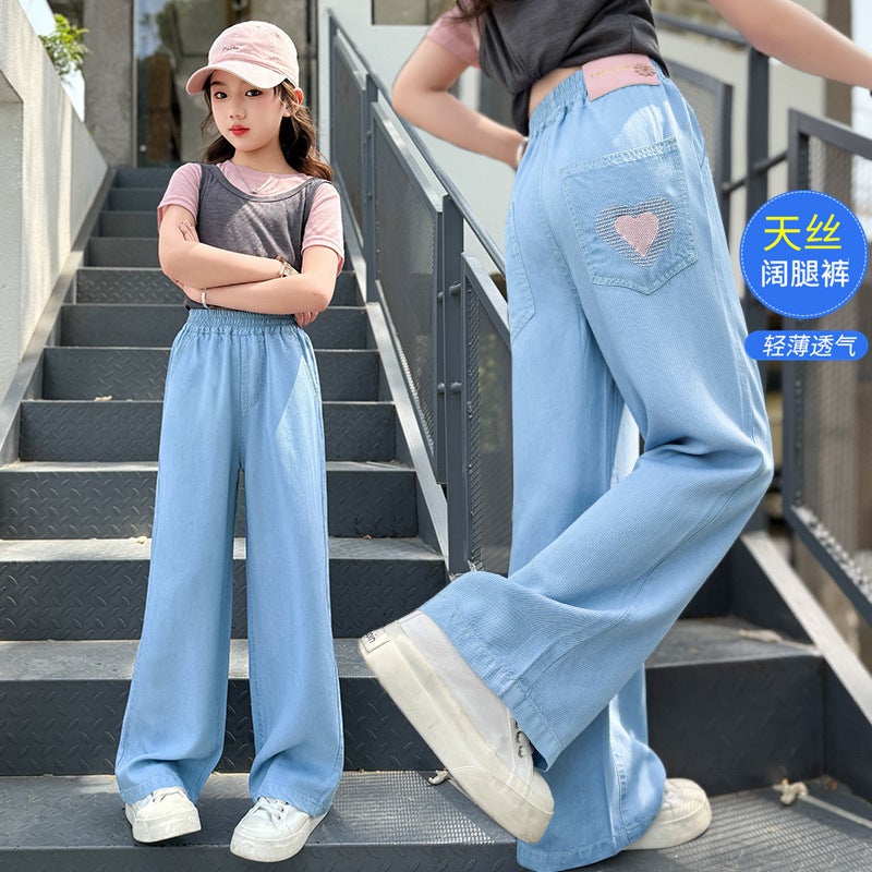 Girls' Denim Pants Children'S Loose Straight Pants Children'S Summer Love Embroidered Tencel Wide Leg Pants - Image 2