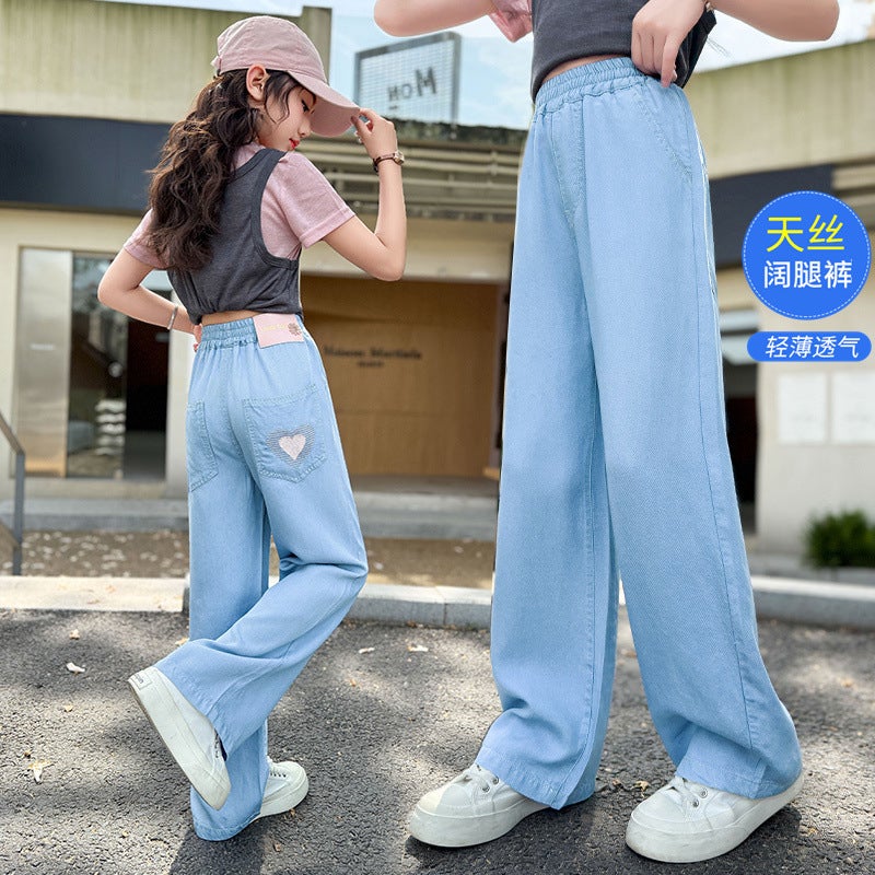 Girls' Denim Pants Children'S Loose Straight Pants Children'S Summer Love Embroidered Tencel Wide Leg Pants - Image 4