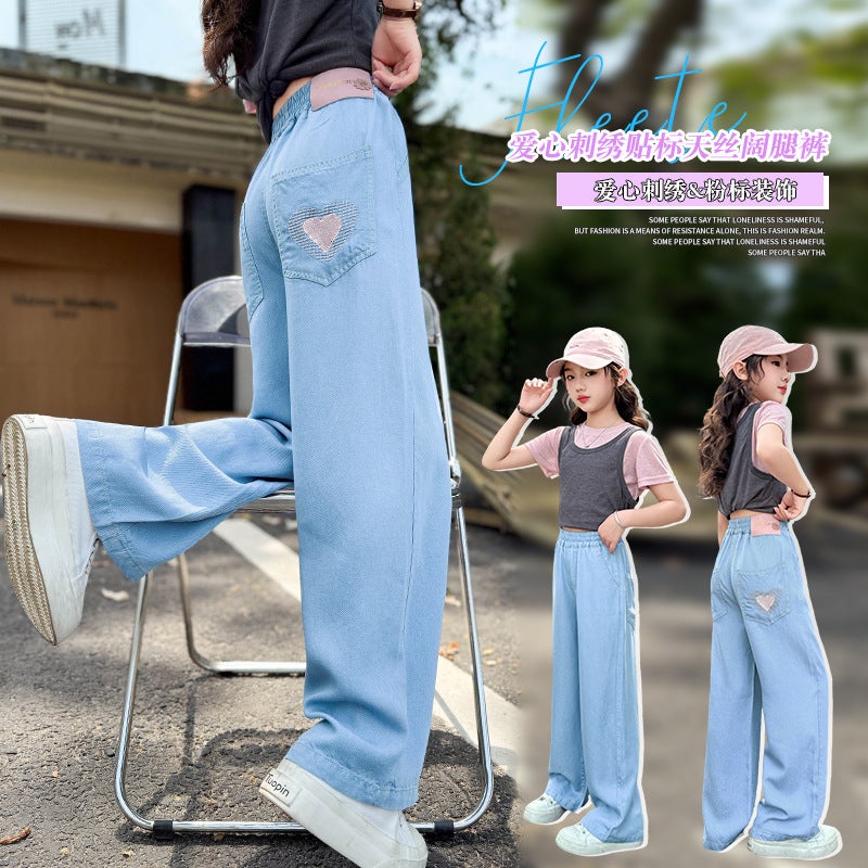 Girls' Denim Pants Children'S Loose Straight Pants Children'S Summer Love Embroidered Tencel Wide Leg Pants - Image 3