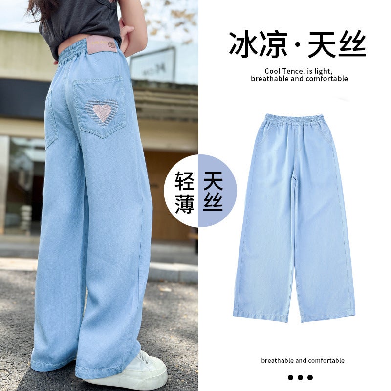 Girls' Denim Pants Children'S Loose Straight Pants Children'S Summer Love Embroidered Tencel Wide Leg Pants - Image 1
