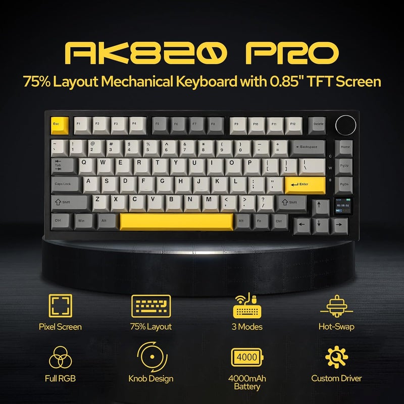 EPOMAKER Ajazz AK820 Pro 75% Mechanical Keyboard, Gasket-Mounted Keyboard with TFT Smart Display&Knob, Bluetooth 5.1/2.4G Wireless/Type-C Wired Custom(Grey, Ajazz Gift Switch) - Image 2