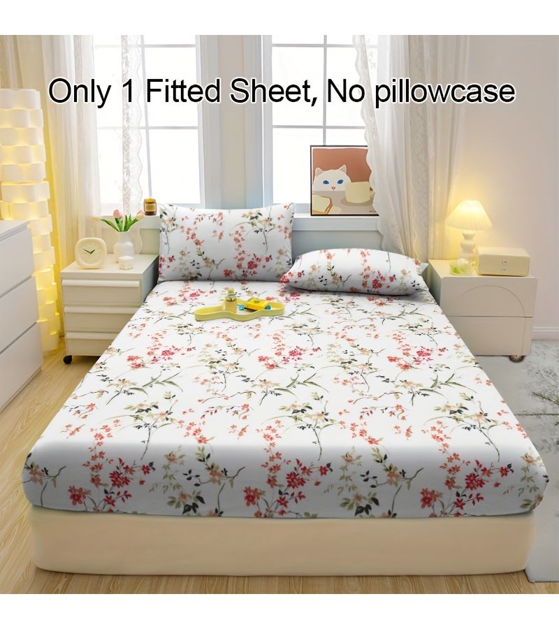 1pc Red Flower Branches Printed Fitted Sheet Minimalist Modern Brushed Bedspread Mattress Cover Protector Dust Proof Bedding 62 99 X 78 74 Inches - Image 2