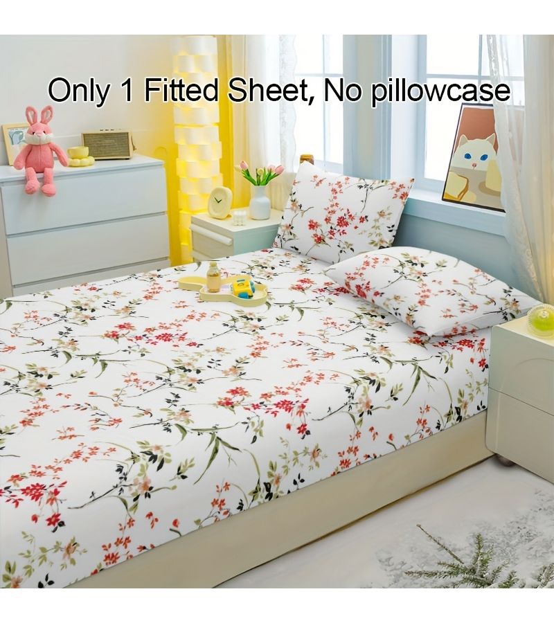 1pc Red Flower Branches Printed Fitted Sheet Minimalist Modern Brushed Bedspread Mattress Cover Protector Dust Proof Bedding 62 99 X 78 74 Inches - Image 5