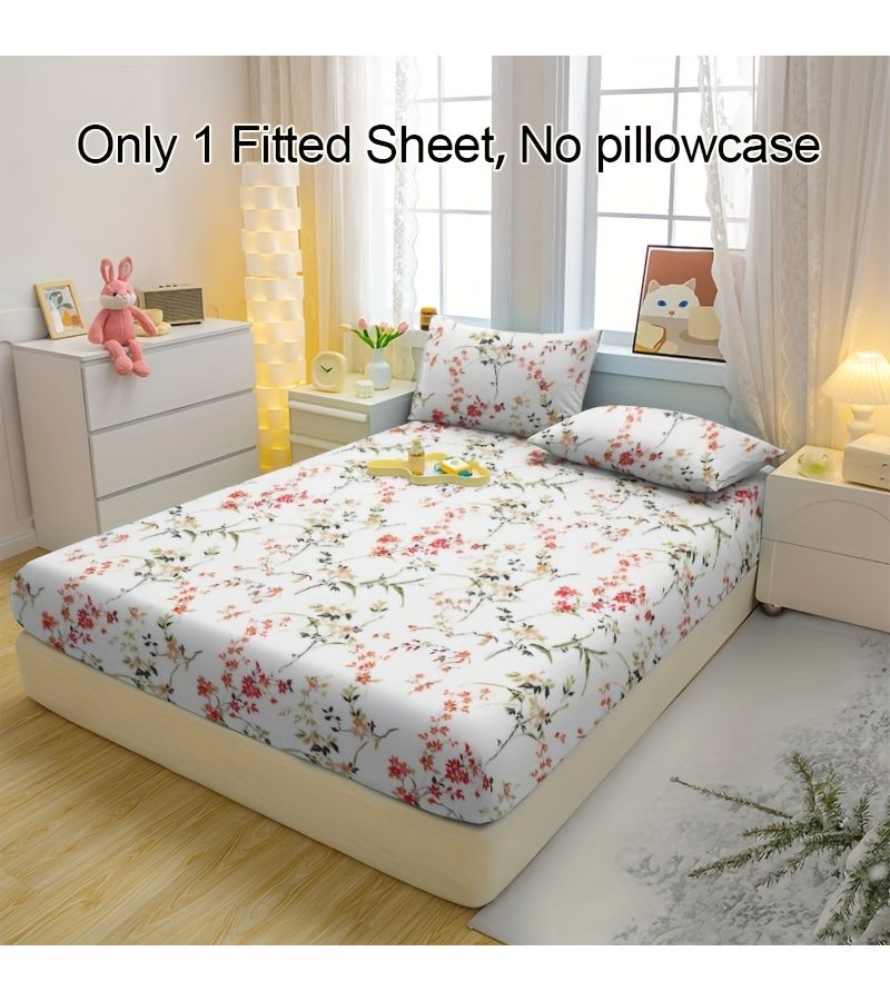 1pc Red Flower Branches Printed Fitted Sheet Minimalist Modern Brushed Bedspread Mattress Cover Protector Dust Proof Bedding 62 99 X 78 74 Inches - Image 4