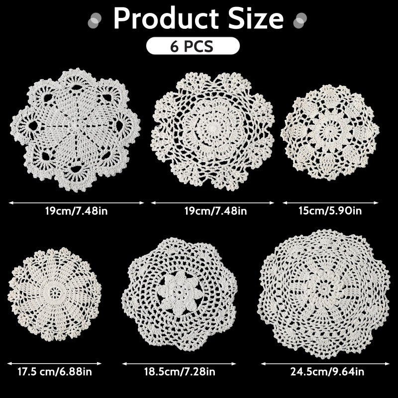 salbsever 6Pcs Cotton Lace Doilies Vintage Crochet Doilies 6 to 8 Inch Round Cotton Handmade Lace Cloth Fabric Placemats Doilies for Tables Kitchen Dining Room Dessert Coasters Wedding Birthday Party Decoration - Image 2