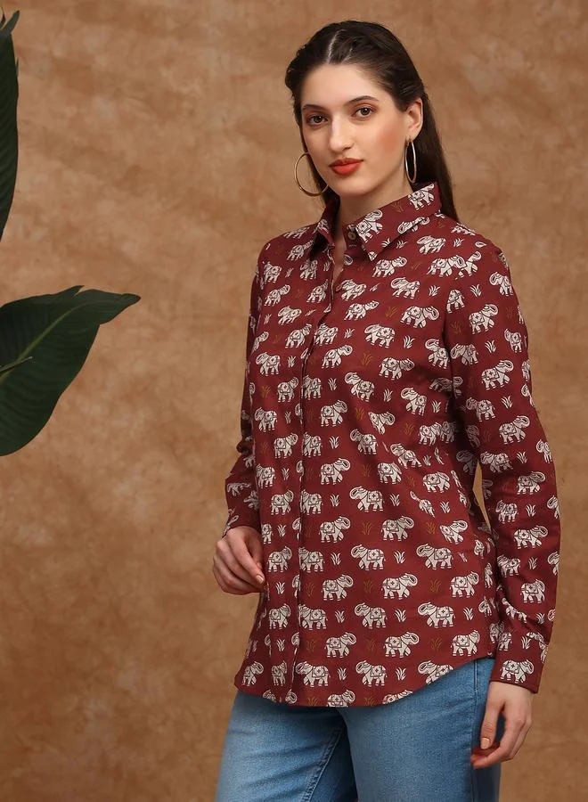 جلو باص تونيك قميص بياقة وطبعة تراثية