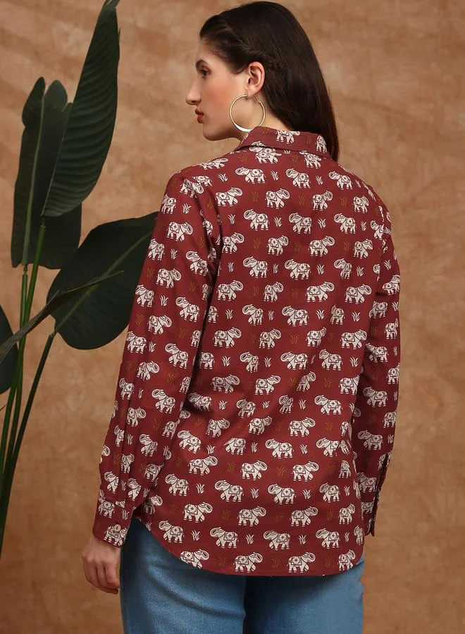 جلو باص تونيك قميص بياقة وطبعة تراثية