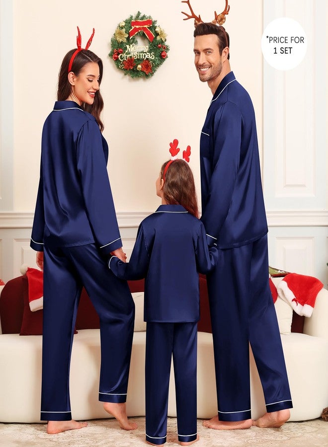 SWOMOG Family Matching Pajama Set Silky Satin Pajamas Long Sleeve Sleepwear Button Down Loungewear 2 Pcs Pj Set(Deep Navy Blue, 150(Age for 12-13Y)) - Image 4
