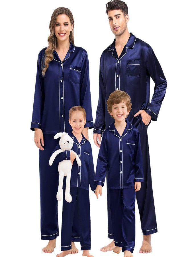 SWOMOG Family Matching Pajama Set Silky Satin Pajamas Long Sleeve Sleepwear Button Down Loungewear 2 Pcs Pj Set(Deep Navy Blue, 150(Age for 12-13Y)) - Image 1