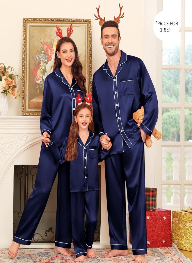 SWOMOG Family Matching Pajama Set Silky Satin Pajamas Long Sleeve Sleepwear Button Down Loungewear 2 Pcs Pj Set(Deep Navy Blue, 150(Age for 12-13Y)) - Image 2