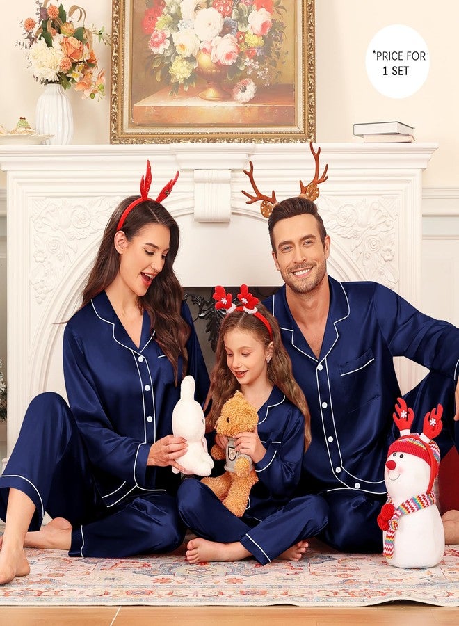 SWOMOG Family Matching Pajama Set Silky Satin Pajamas Long Sleeve Sleepwear Button Down Loungewear 2 Pcs Pj Set(Deep Navy Blue, 150(Age for 12-13Y)) - Image 3