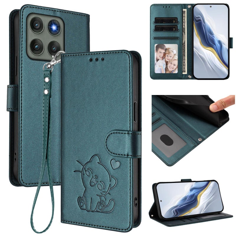 إيروريكس جراب هاتف موتورولا إيدج 60 برو من الجلد المنقوش على شكل قطة مع حزام يد (أخضر غامق) - Image 1