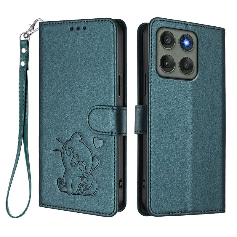 إيروريكس جراب هاتف موتورولا إيدج 60 برو من الجلد المنقوش على شكل قطة مع حزام يد (أخضر غامق) - Image 2