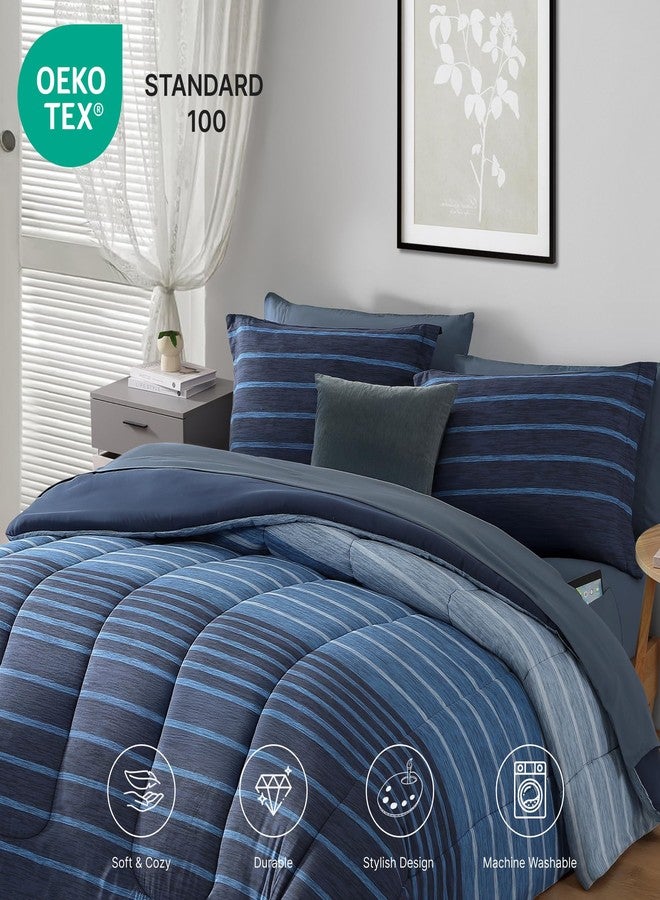Monbix Full Size Comforter Set - 7 Pieces Bed in a Bag Full, Navy Blue-Stripe Bedding Sets, All Seasons Comforter Bed Set with Sheets, Pillowcases & Shams - Image 4
