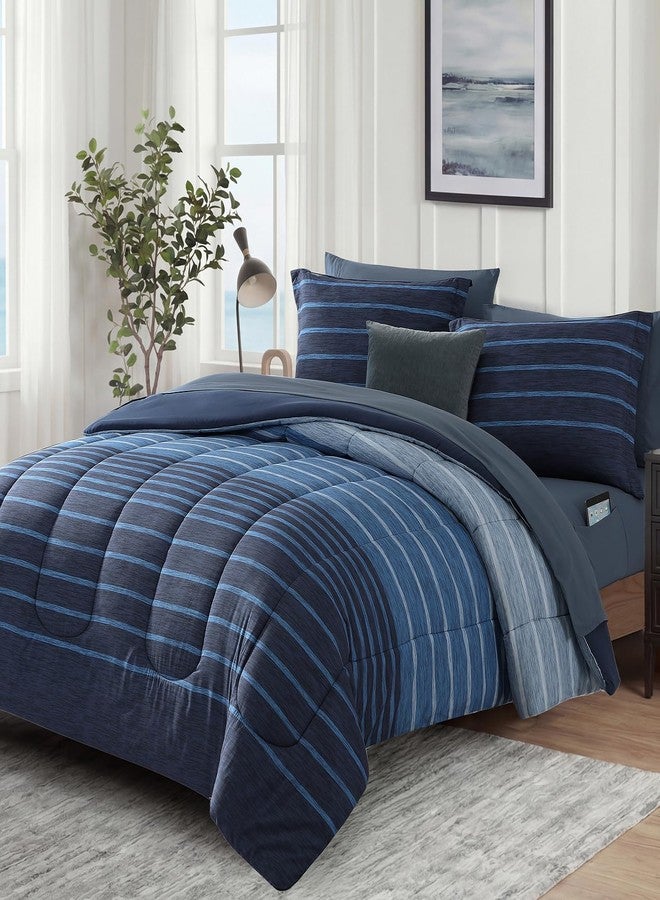 Monbix Full Size Comforter Set - 7 Pieces Bed in a Bag Full, Navy Blue-Stripe Bedding Sets, All Seasons Comforter Bed Set with Sheets, Pillowcases & Shams - Image 2