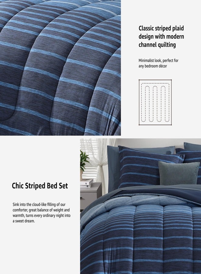 Monbix Full Size Comforter Set - 7 Pieces Bed in a Bag Full, Navy Blue-Stripe Bedding Sets, All Seasons Comforter Bed Set with Sheets, Pillowcases & Shams - Image 5
