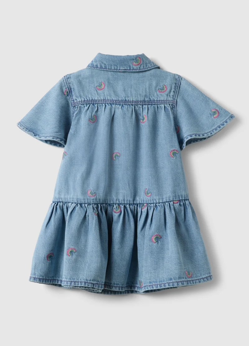 Ovs OVS Blue Denim Cotton Blend Dress For Girls With Rainbows