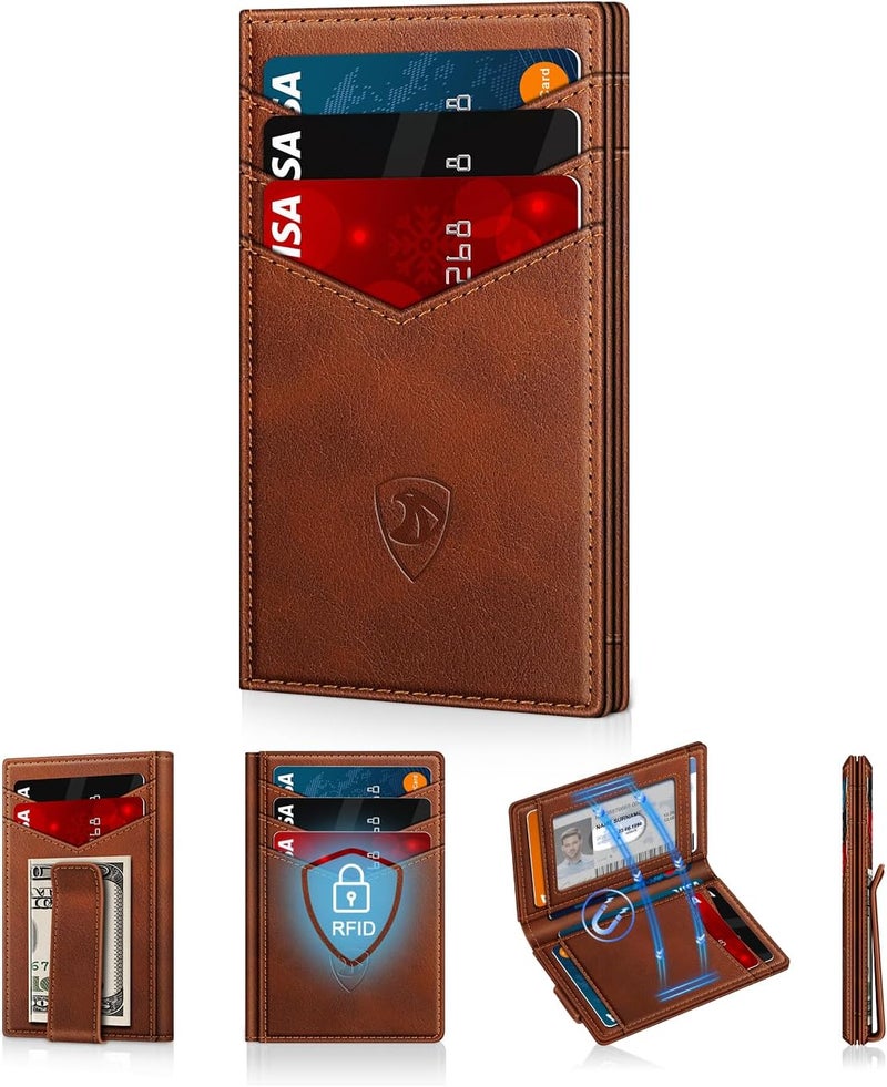 ZALVEX محفظة للرجال محافظ جلدية لـ 12-15 بطاقة، حامل بطاقات نحيف بسيط مع حجب RFID ومشبك نقود ونافذة هوية، بني محمر، 4.33 × 2.95 × 0.39 بوصة، بسيط - Image 1