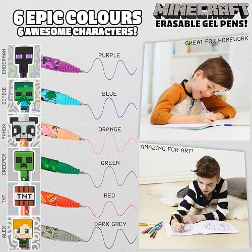 MINECRAFT مجموعة أقلام جل قابلة للمسح من ماينكرافت، أقلام ملونة مع ممحاة، عبوة من 6، مستلزمات مدرسية - هدايا للأولاد - Image 3
