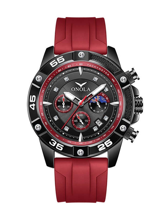 ONOLA ​​ONOLA Men's Stylish Black Red Multifunction Quartz Watch - Waterproof Silicone Strap, 30M Water Resistance, Fashion Casual Design, Ideal for Daily Wear, Sports & Social Events​​ - Image 1